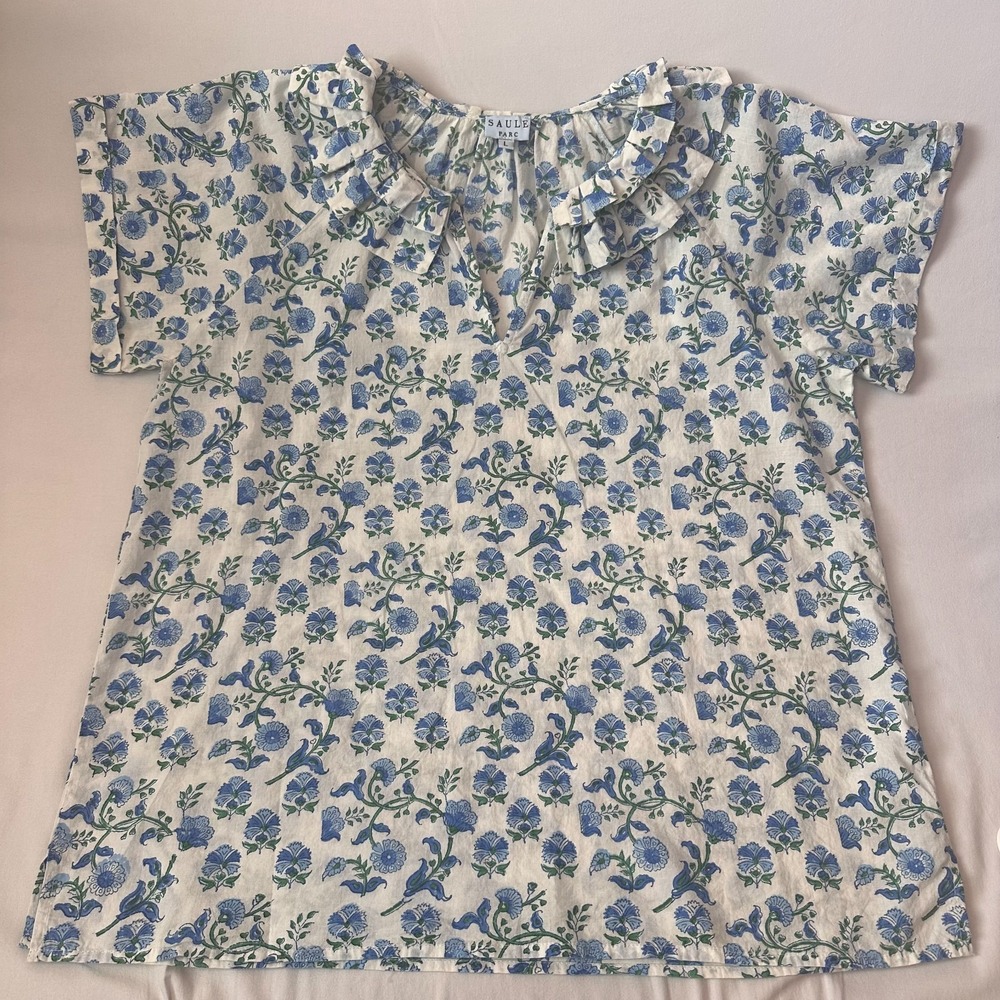 Saule Parc Floral Ruffle Top Shirt Size Large Blue White‎ Cottagecore Peasant